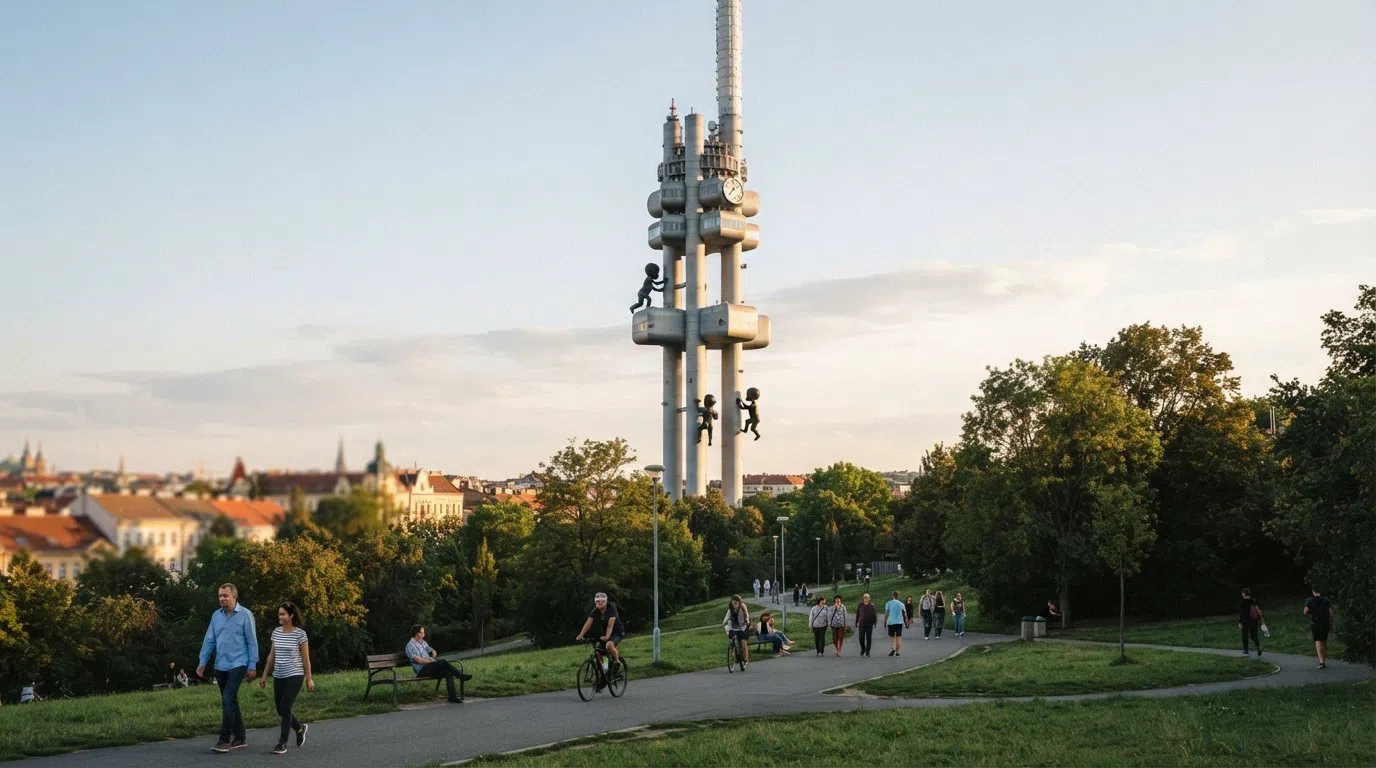 the Žižkov Television Tower rising above Mahlerovy sady, with David Černý’s crawling babies visible on the steel pylons in late-afternoon light