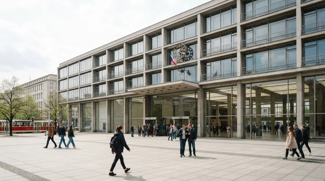 den funktionalistiske facade og brede interiør i Handelsmessen i Holešovice, Prag, med rene linjer og blødt dagslys på beton og glas