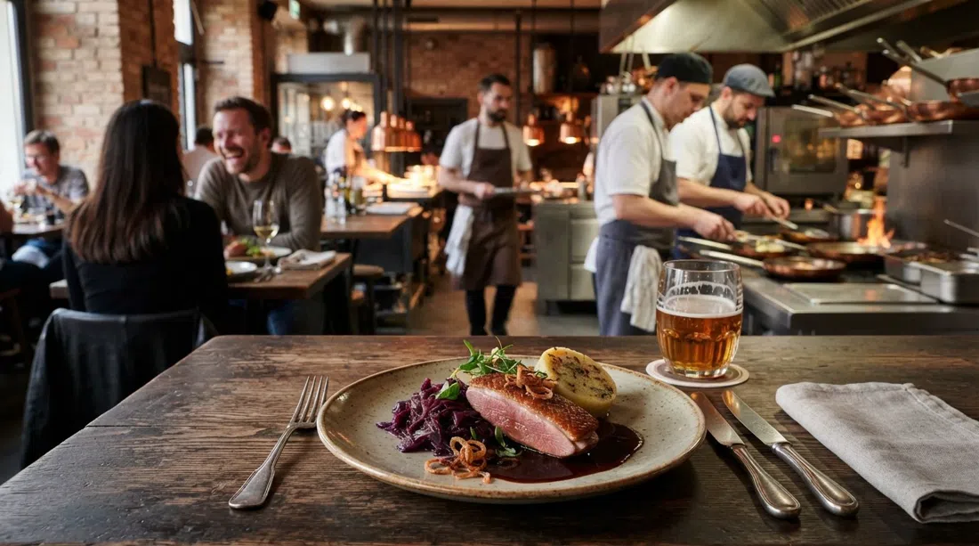 en anrettet moderne tjekkisk ret på The Eatery i Holešovice, Prag, med andebryst eller braiseret oksekød stylist i et restaurantmiljø med åbent køkken