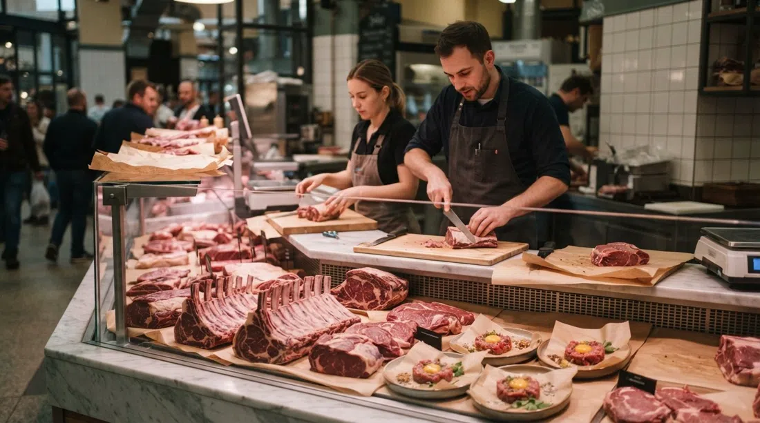 marmor slagterdisken på Naše maso i Holešovice markedshaller, med bøffer, tartare og slagterpapir under varmt indendørslys