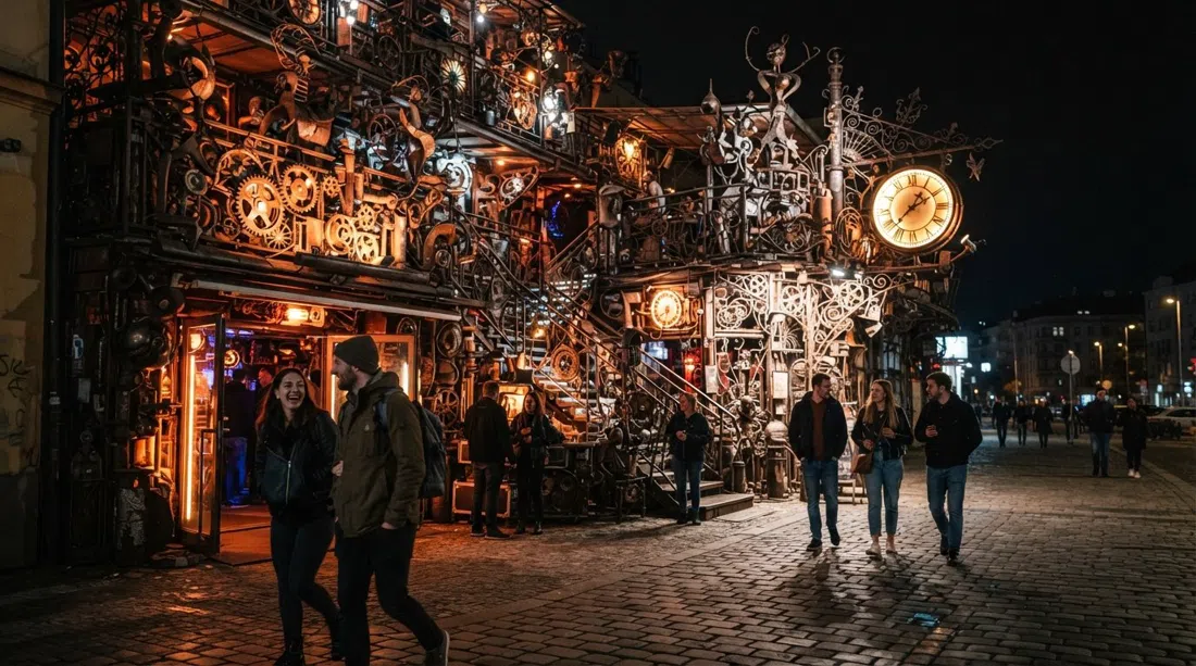 Cross Club på Plynární i Holešovice, Prag, med sin steampunk metal-facade, tandhjul og industrielle skulpturer der lyser om natten