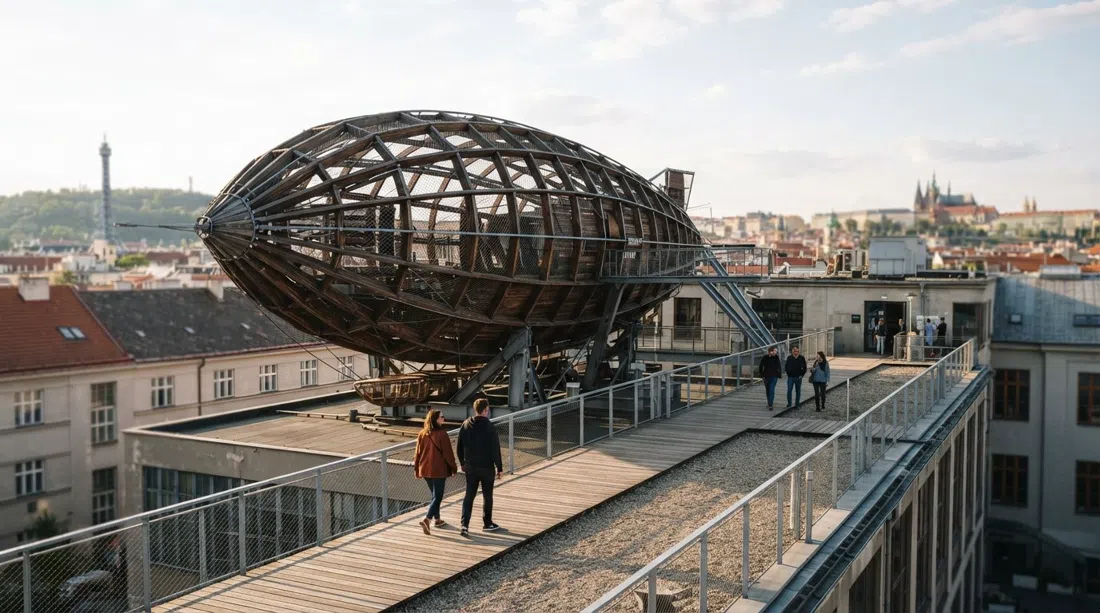 tagets Gulliver Airship på DOX i Holešovice, Prag, et træ-og-stål luftskib placeret over den ombyggede fabrik i sene eftermiddagslys