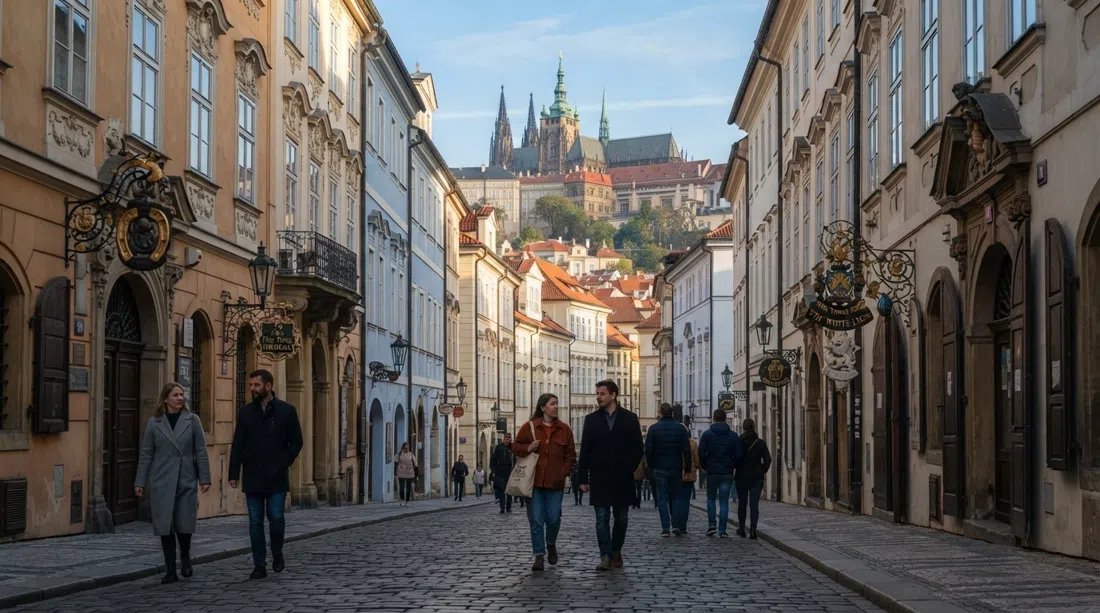 la cuesta de la calle Nerudova en Malá Strana, señales de casas talladas y fachadas barrocas pastel escalando hacia el Castillo de Praga con luz suave de mañana