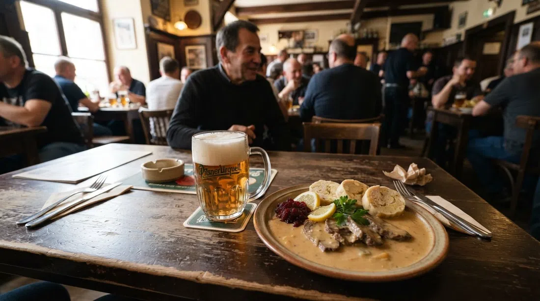un Pilsner Urquell recién tirado y un plato de svíčková en Lokál U Bílé kuželky, honesto almuerzo de pub checo en una mesa concurrida de Malá Strana