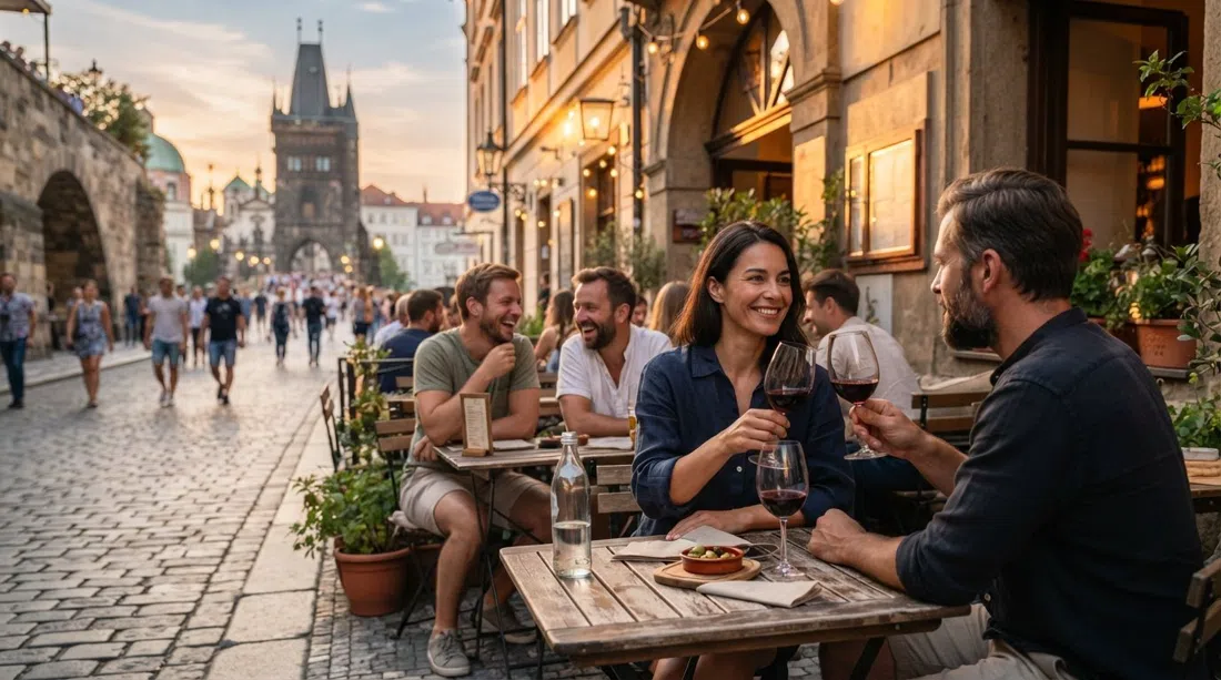 la terraza de la calle en Ikona Wine Bar en Míšeňská al atardecer, copas de vino y el ambiente del Puente de Carlos justo más allá del encuadre