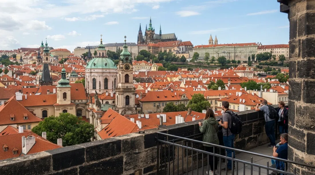 la vista desde el campanario de la Iglesia de San Nicolás, techos rojos y cúpulas barrocas extendiéndose sobre Malá Strana hacia el Castillo de Praga
