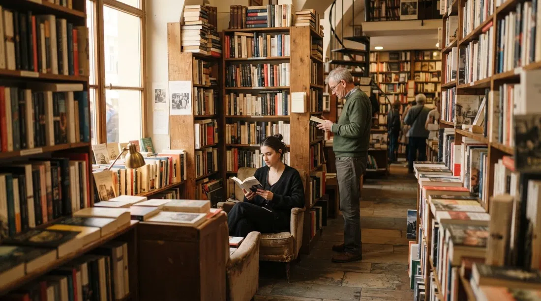 el interior de Shakespeare and Sons en U Lužického semináře, estantes de libros en inglés y francés con rincones de lectura en la cálida luz de la tarde