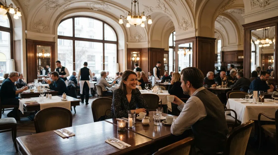 Interior del Café Louvre con ambiente de cafetería de principios del siglo XX, mesas pulidas, techos altos y luz de la tarde en Národní