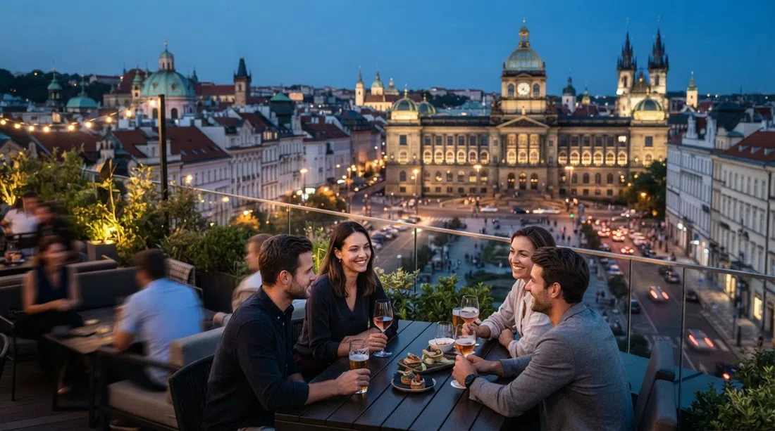 El bar Above en la azotea del W Prague con vistas a la plaza de Wenceslao y los tejados circundantes al atardecer