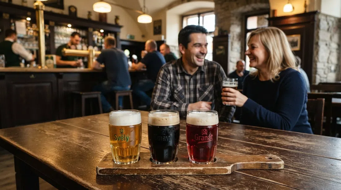 interior del bar del Centro de Visitantes de Staropramen al estilo de una hospoda checa, con copas de cata de cerveza rubia, oscura y Granát especial sobre una mesa de madera con luz cálida