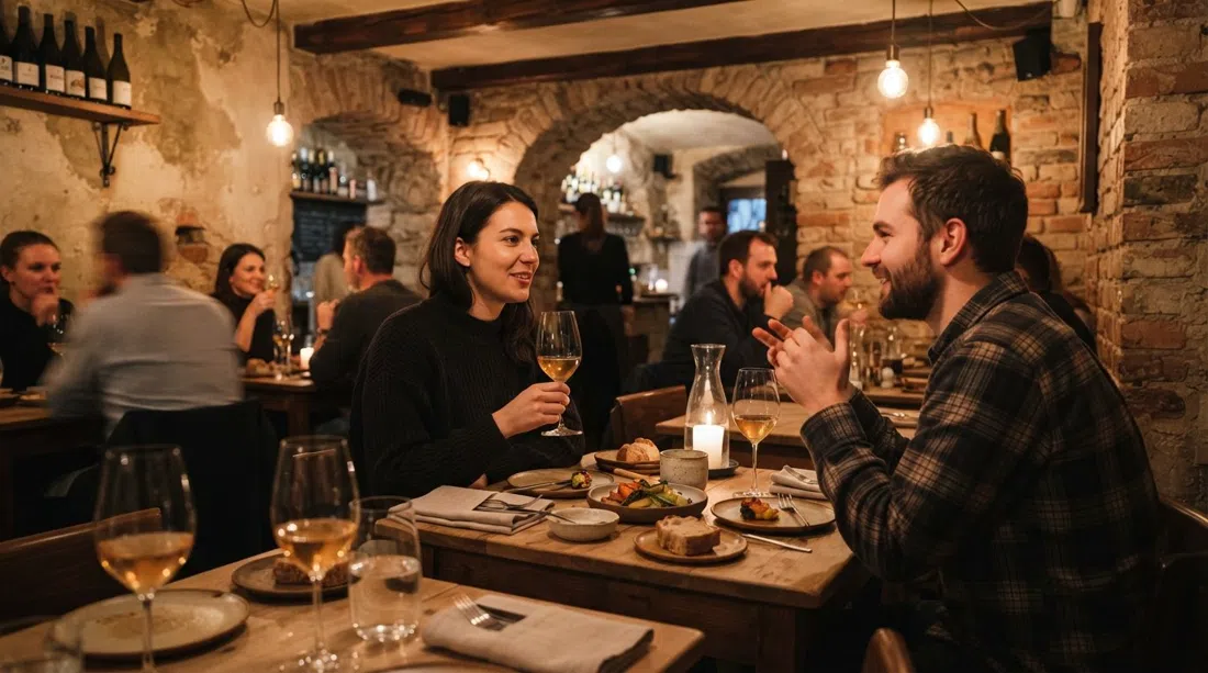 pequeño comedor de Bockem con ladrillo visto en Elišky Peškové, preparado para un menú de cata de temporada con copas de vino natural e iluminación cálida e íntima