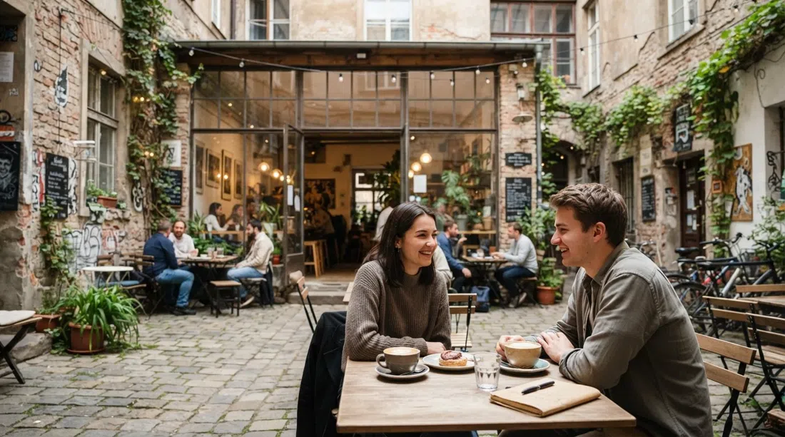 patio de Kavárna co hledá jméno en Stroupežnického, ventanas de cafetería iluminadas, paredes con galería y una escena de mesas tranquilas lejos del tráfico de Anděl
