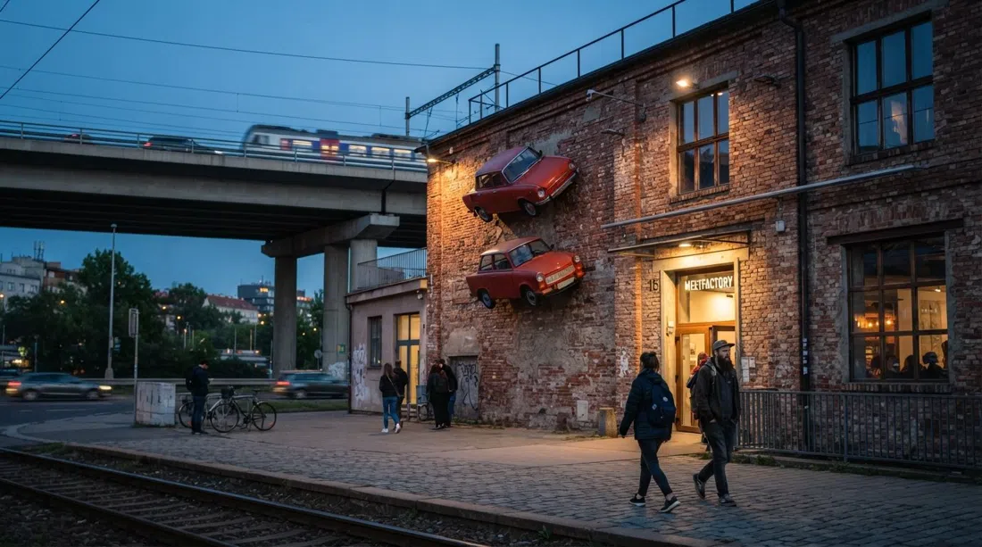 fachada de MeetFactory con los dos coches rojos atornillados a la pared, enmarcados por el paso elevado y las vías del tren al atardecer