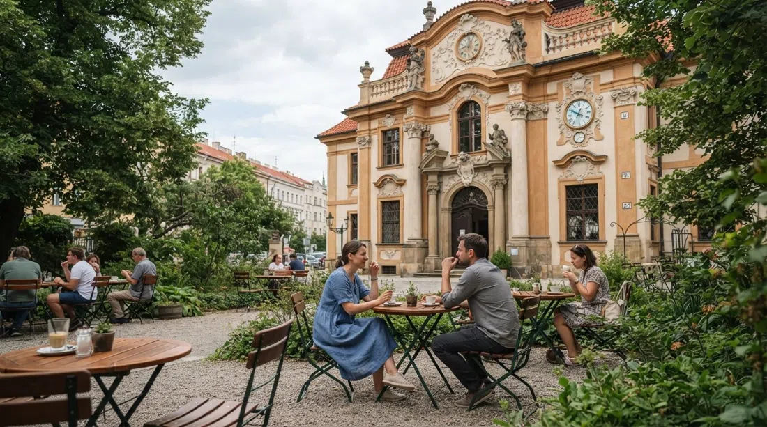 Museo del Vidrio Portheimka en la villa Dientzenhofer en Štefánikova, fachada barroca con un tranquilo jardín de verano y mesas de cafetería con luz suave