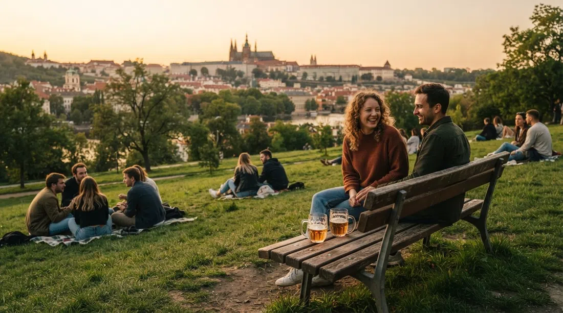 Riegrovy sady en la hora dorada, bancos en la pendiente cubierta de hierba frente al Castillo de Praga en el horizonte, vasos de cerveza atrapando la última luz