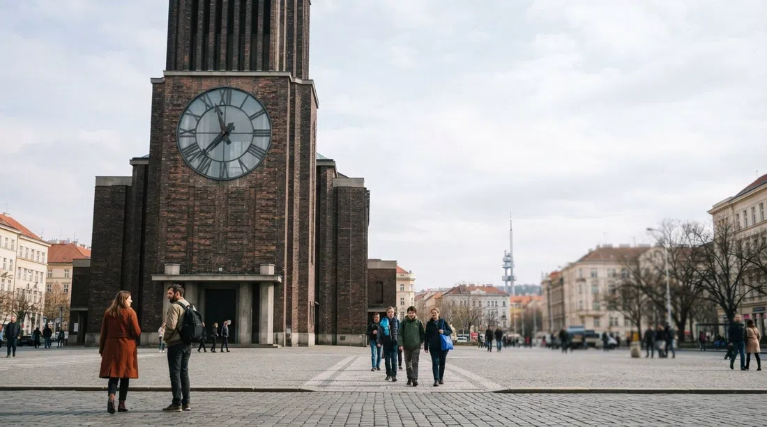 la Iglesia del Sagrado Corazón de Nuestro Señor en náměstí Jiřího z Poděbrad, fachada de ladrillo oscuro y enorme reloj de cara de vidrio bajo un cielo pálido de Praga