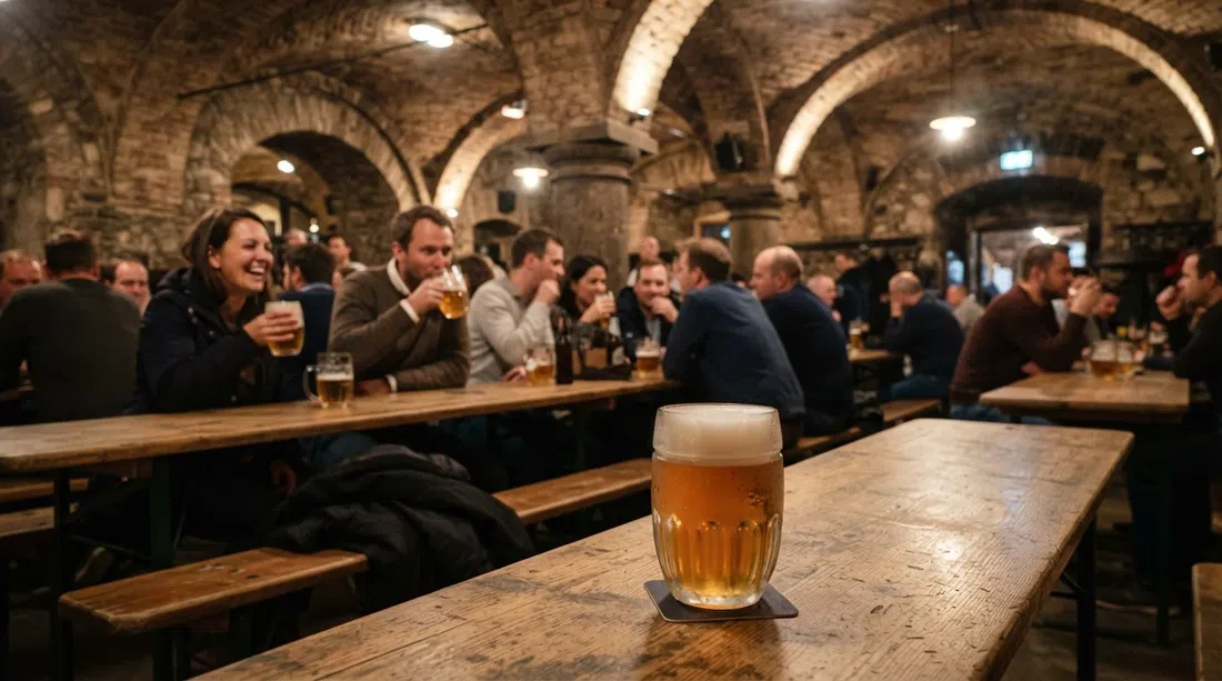 el interior abovedado del sótano de Vinohradský Pivovar, filas de mesas de madera y una pinta de lager sin pasteurizar bajo una luz cálida y tenue