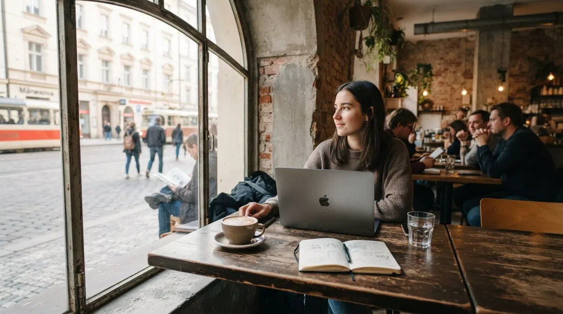 una mesa pequeña en Kavárna co hledá jméno en Mánesova, un flat white junto a un portátil y luz del día entrando por la ventana