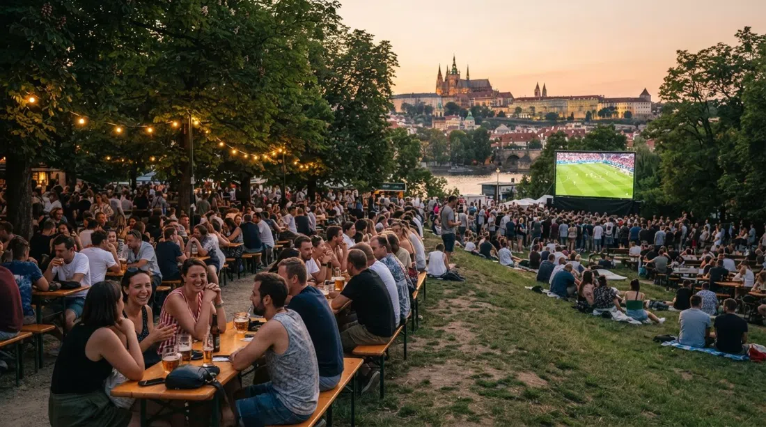 la cervecería al aire libre de Riegrovy sady en verano, bancos largos bajo árboles, fútbol en una pantalla grande y una pendiente con vistas al castillo al atardecer
