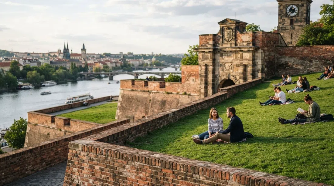 Praderas de la fortaleza de Vyšehrad y baluartes barrocos de ladrillo con la luz del atardecer, el Moldava abajo y algunas personas sentadas en el césped