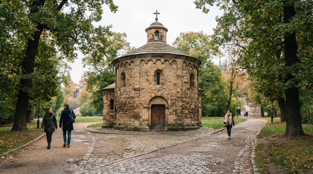 la Rotonda de San Martín, una pequeña capilla redonda románica en el camino, con muros de piedra rugosa y árboles a su alrededor con luz suave