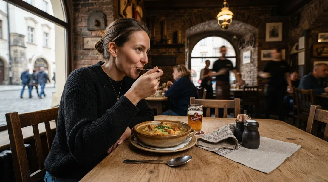 una mesa en U Kroka en Vratislavova con un cuenco de česnečka, paredes de ladrillo oscuro y techos altos al fondo