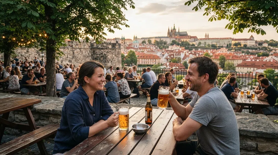 la cervecería al aire libre Na Hradbách en el Bastión XXXIV, mesas de picnic bajo árboles, vasos de cerveza checa y tejados más allá del muro de la fortaleza a la hora dorada
