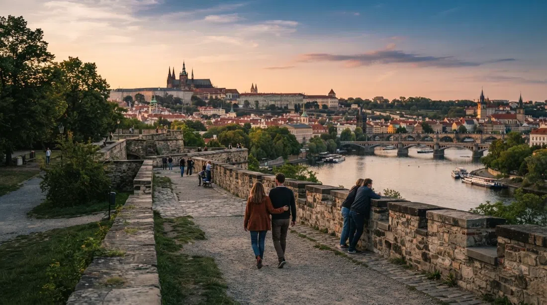 los baluartes de Vyšehrad cerca del bastión Cibulka al atardecer, con el río Moldava, el Castillo de Praga y la Ciudad Vieja al fondo