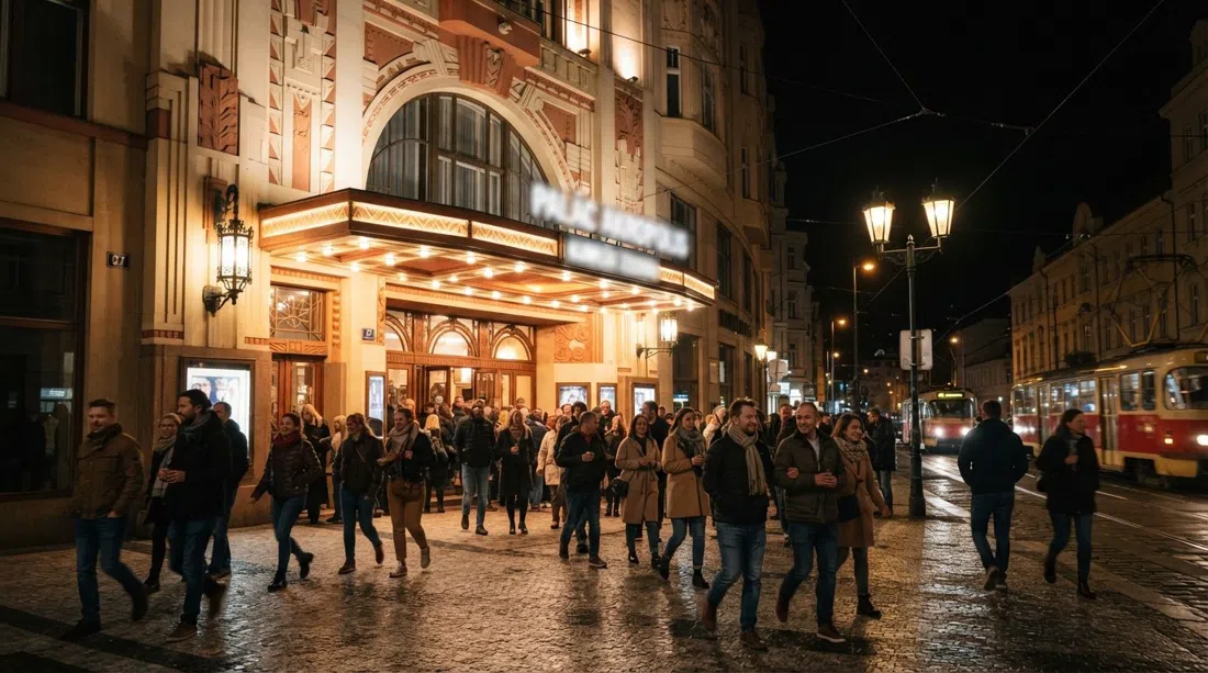 Art Deco-facaden på Palác Akropolis på Kubelíkova 27 om natten, med folk der ankommer til en koncert under varme gadelamper