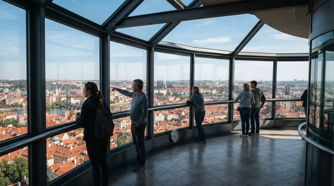 observationsdækket i 93 meters højde inde i Žižkovs TV-tårn, med panoramavinduer og Prag spredt ud under i klart dagslys