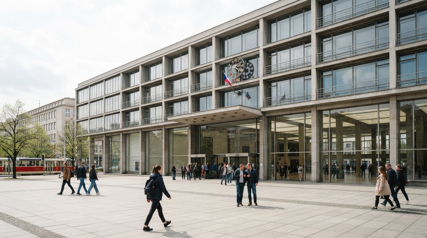 the functionalist façade and broad interior of the Trade Fair Palace in Holešovice, Prague, with clean lines and soft daylight on concrete and glass