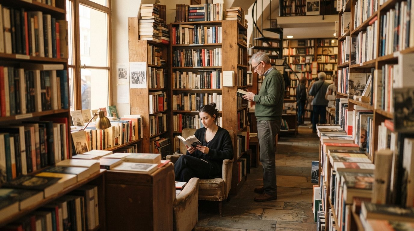 the interior of Shakespeare and Sons on U Lužického semináře, shelves of English and French books with reading nooks in warm afternoon light
