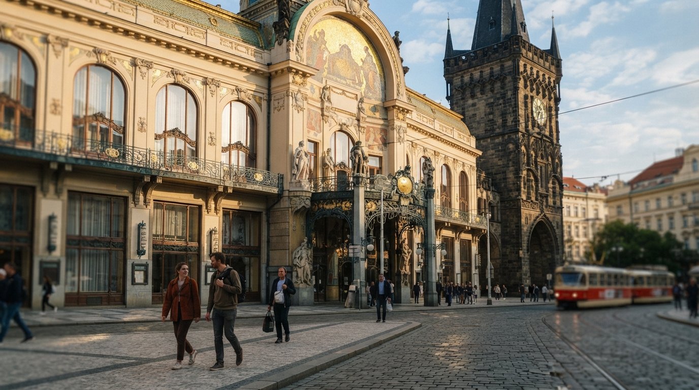 the Municipal House façade near the Powder Tower, with Mucha murals, ornate Art Nouveau detail and pedestrians passing in late-afternoon light