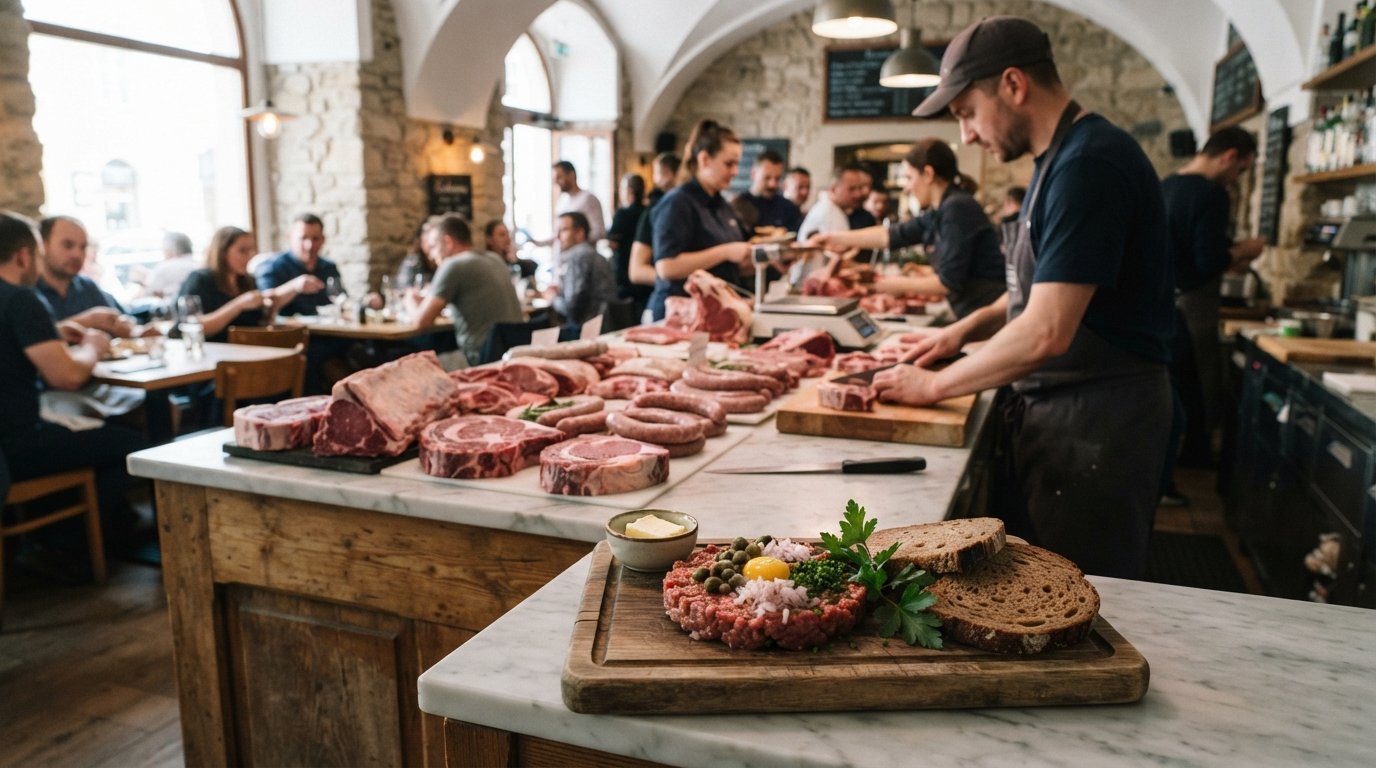 a counter at Kantýna with butcher cuts on display, marble surfaces and a plate of beef tartare in the foreground