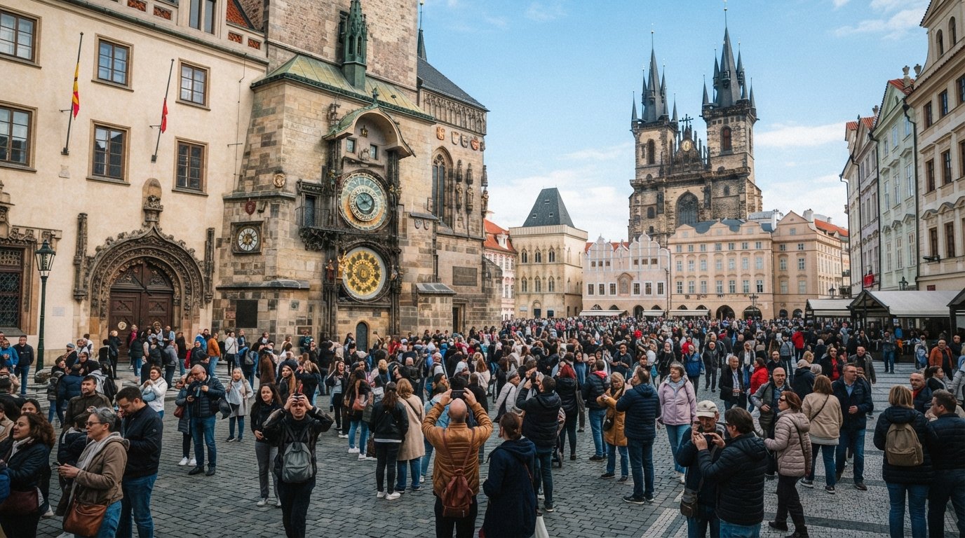 Old Town Square in Prague at daytime, the Astronomical Clock crowd packed beneath the Old Town Hall facade with Týn Church spires rising behind