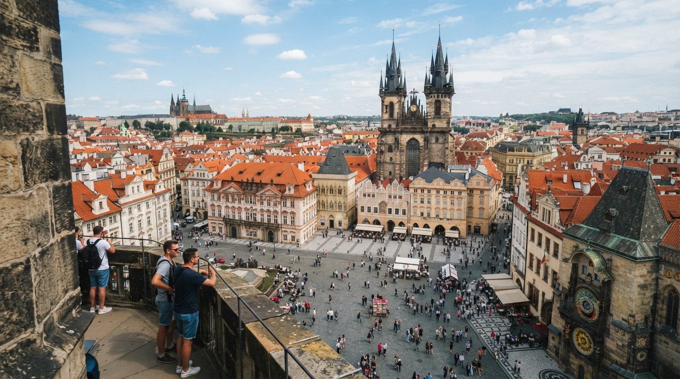 the view from Old Town Hall Tower over Old Town Square, with Týn Church spires, terracotta rooftops and the clock tower below in clear daylight