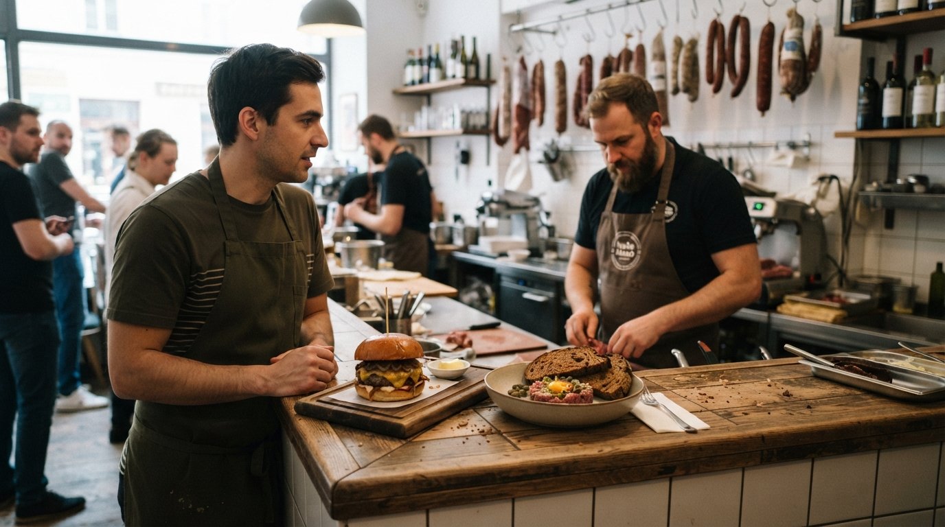 the counter at Naše Maso on Dlouhá 39, with a dry-aged cheeseburger and fresh beef tartare served in a compact butcher-bistro setting