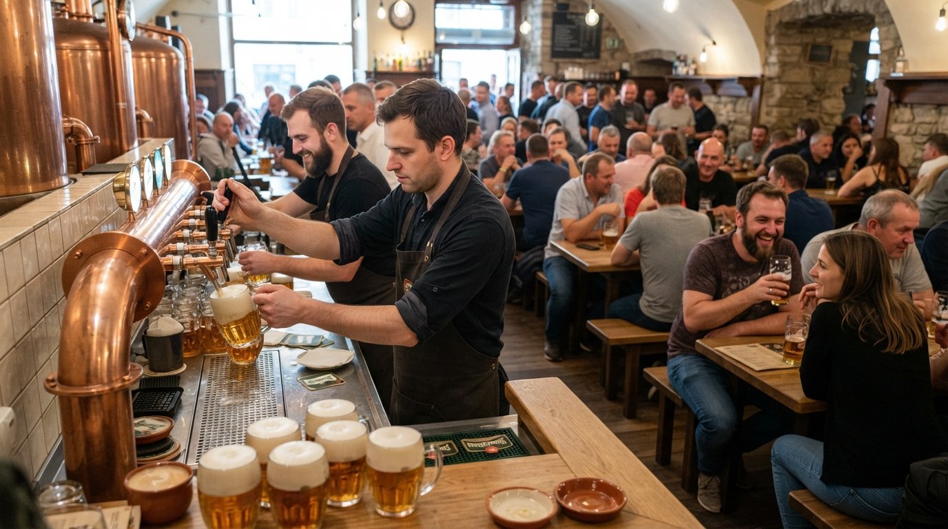 Lokál Dlouhá interior with tank beer taps, frothy Pilsner glasses and a busy Czech beer-hall atmosphere on Dlouhá