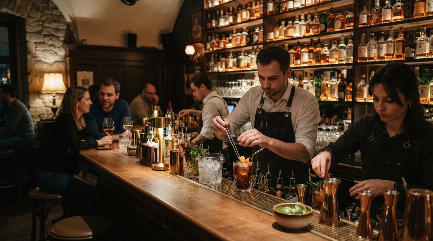 Hemingway Bar in Prague, dim speakeasy lighting over carefully mixed cocktails and shelves of rum behind the bar