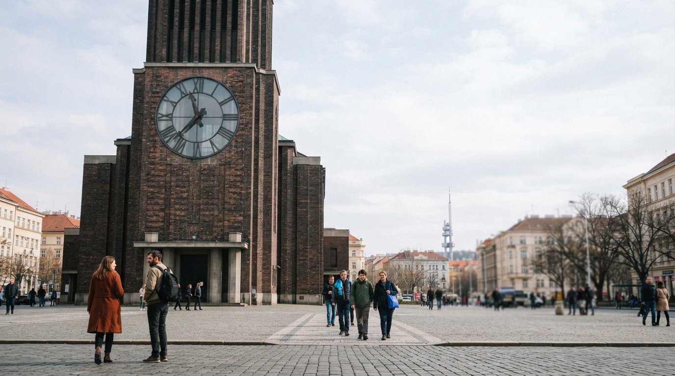 the Church of the Most Sacred Heart of Our Lord on náměstí Jiřího z Poděbrad, dark brick facade and giant glass clock face under a pale Prague sky