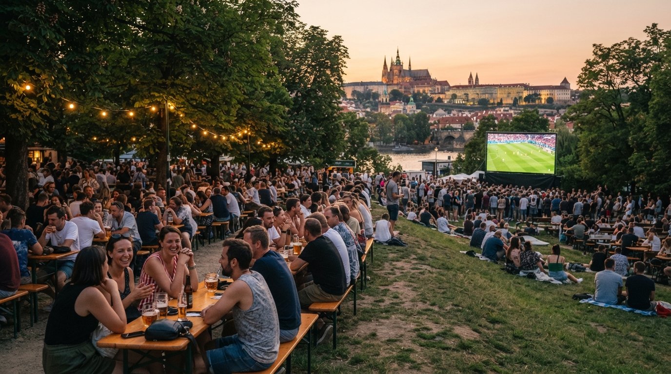 the Riegrovy sady beer garden in summer, long benches under trees, football on a big screen and a castle-view sunset slope