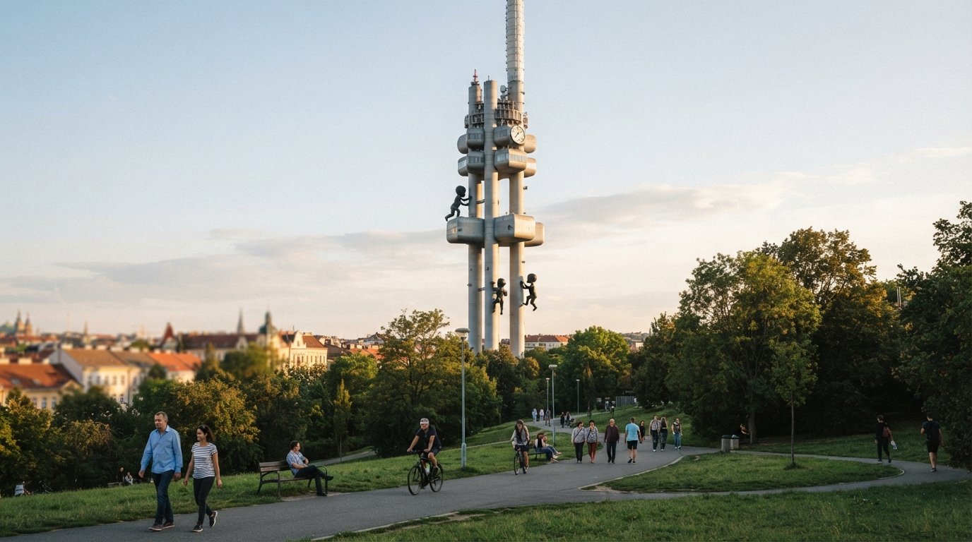 the Žižkov Television Tower rising above Mahlerovy sady, with David Černý’s crawling babies visible on the steel pylons in late-afternoon light