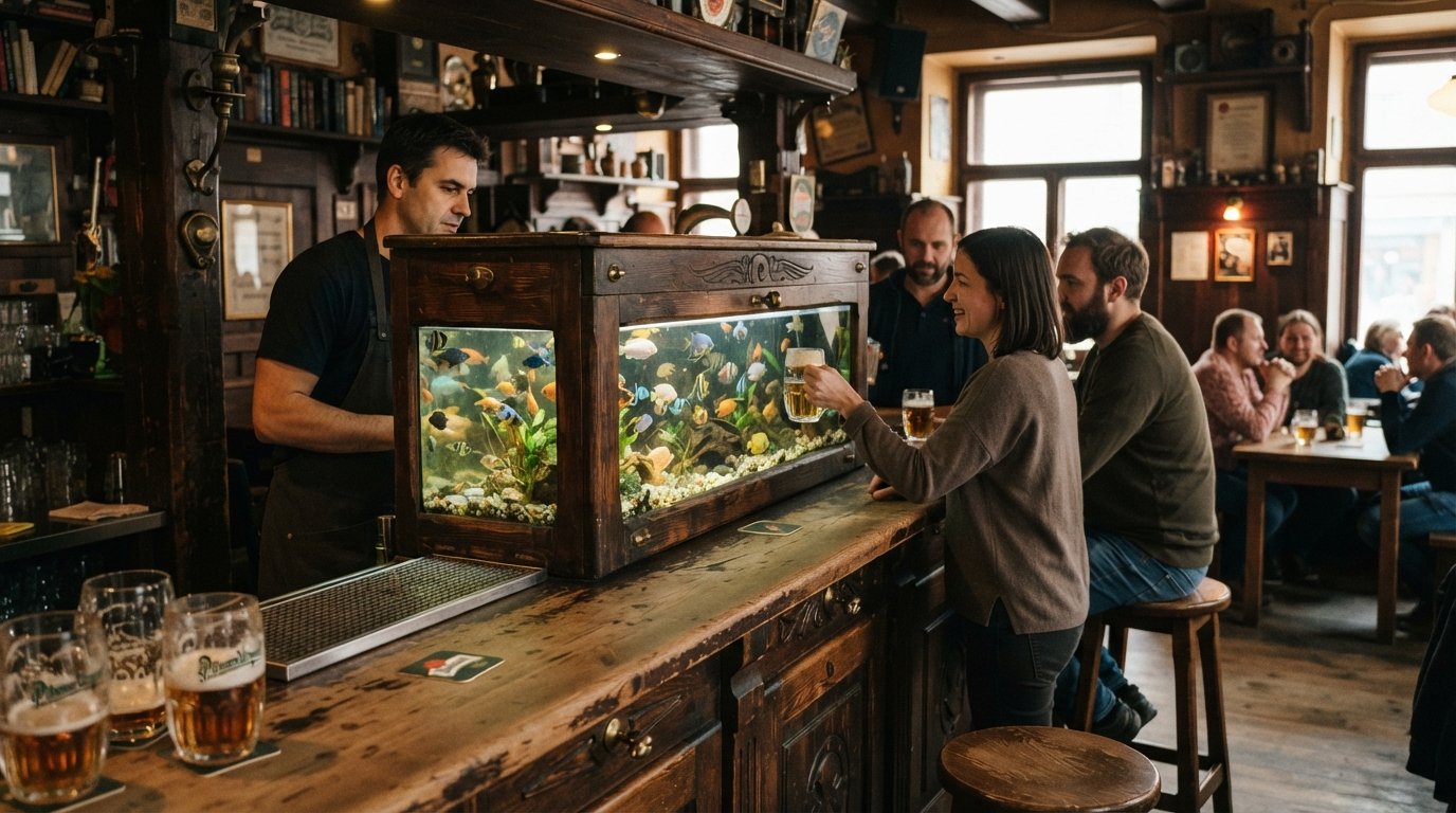 the fish-tank bar inside U Vystřelenýho Oka on U Božích bojovníků, with Pilsner Urquell glasses and the pub’s warm, lived-in wood interior