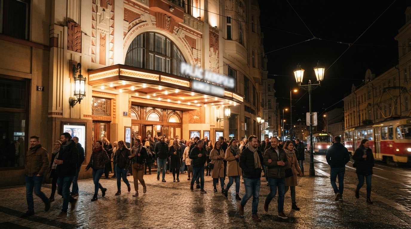 the Art Deco facade of Palác Akropolis on Kubelíkova 27 at night, with people arriving for a concert under warm streetlights