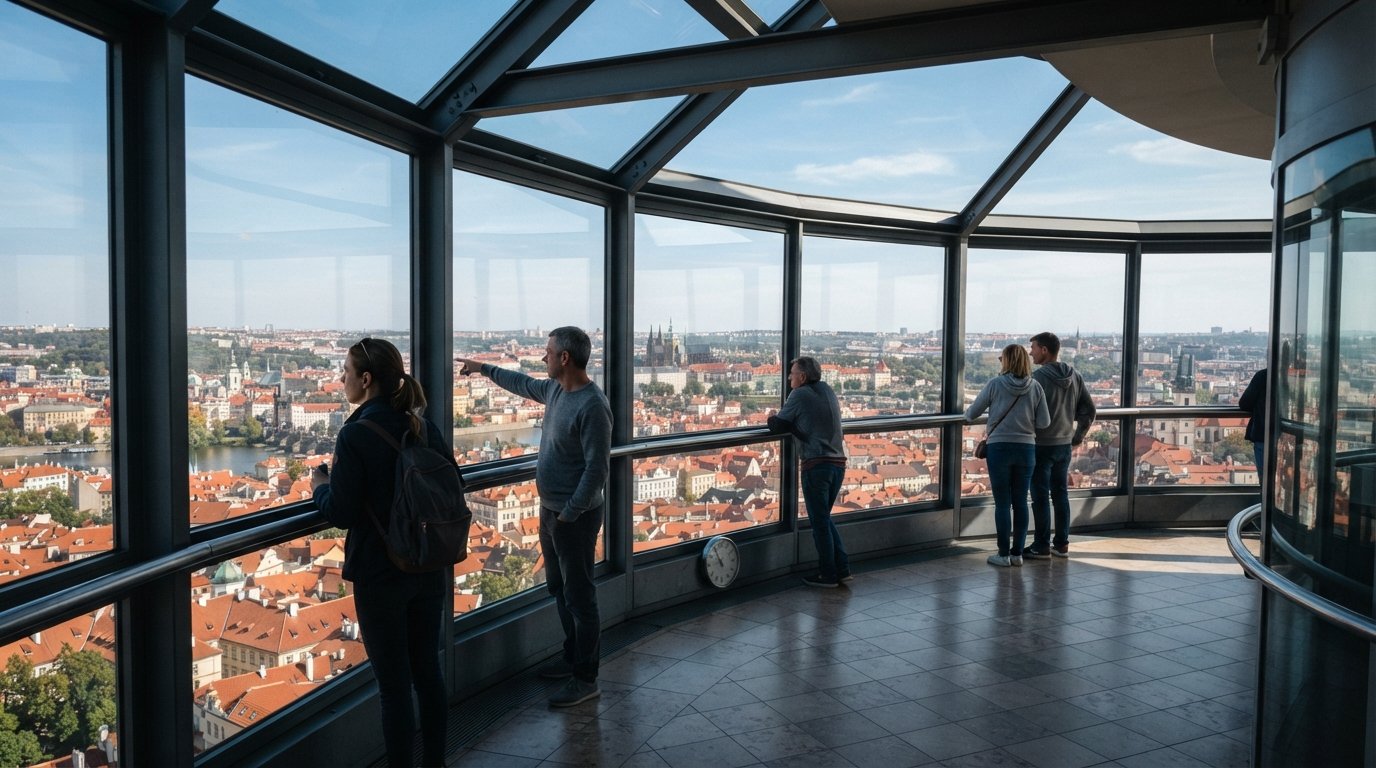 the 93-metre observation deck inside the Žižkov Television Tower, with wraparound windows and Prague spread out below in clear daylight