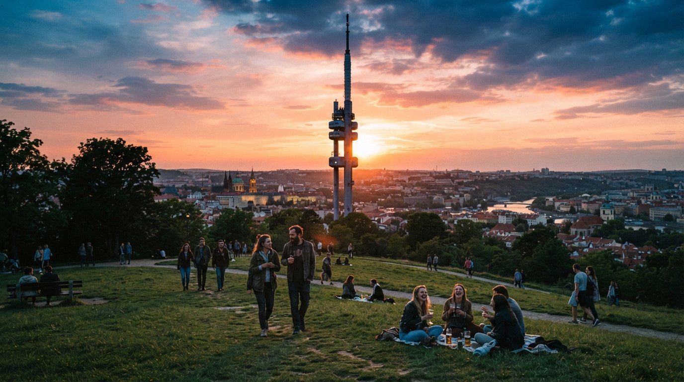 sunset from Parukářka park with the Žižkov Television Tower framed against the sky, the tower silhouette glowing as the sun drops behind it